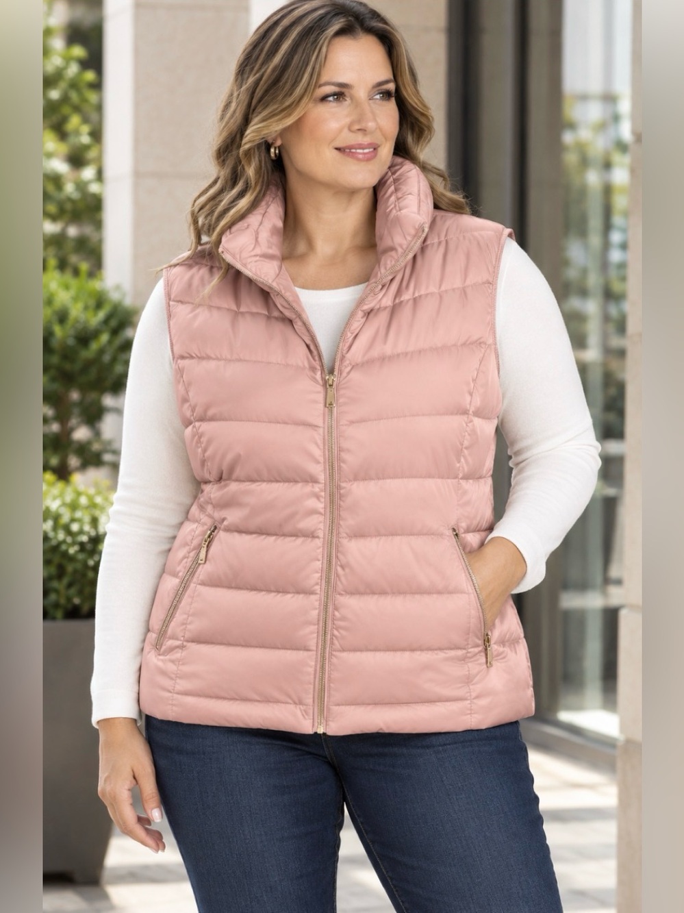 Calvin Klein Quilted Pale Pink Puffer Vest Gold tone Logo zipper Size 1X Plus